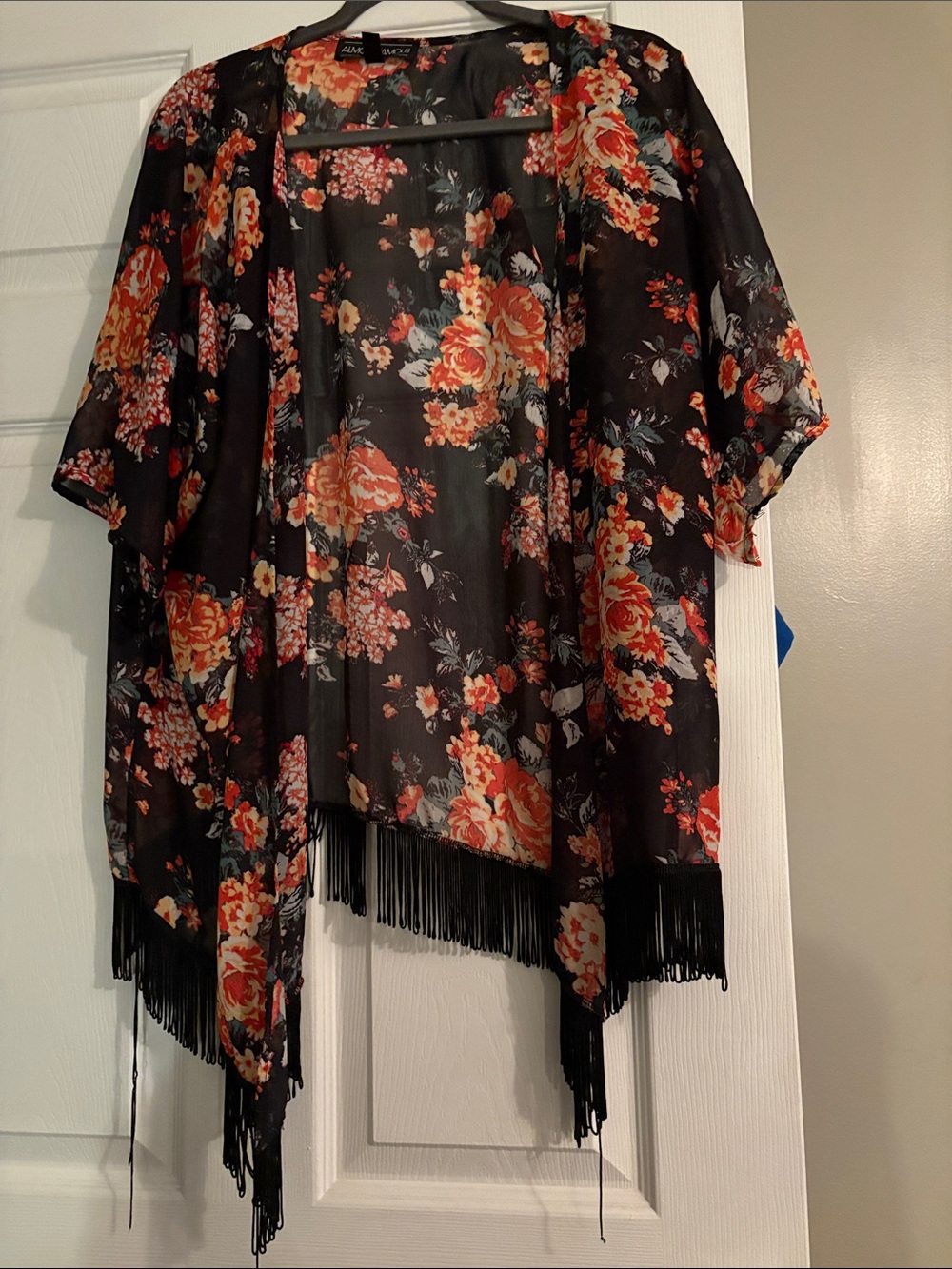 Almost Famous Black Floral Fringe Kimono with Coral Accents